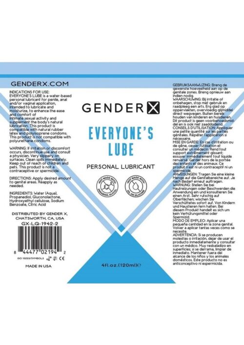 Gender X Everyone`s Lube Water Based Lubricant 4oz